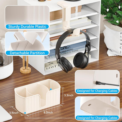4 in 1 Desk Cup Holder with Storage — Clamp-On Under Desk Cup Holder & Rotating Headphone Hanger, Built-in 2 Wire Holes, Detachable Storage Compartment for Cups, Phones & Pens Desktop Accessories