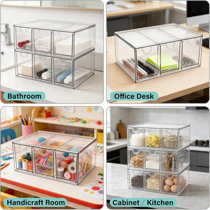 Prsildan Acrylic Drawer Makeup Organizer with 6 Drawers (Not for Baby Bottle), Set of 2 Office Desk Organizers Accessories, Clear Stackable Storage Drawers for Vanity, Craft (Largest Drawer 4" Tall)