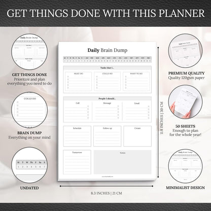 Templatables Brain Dump Notepad, To Do List Desk Pad, Productivity Planner, ADHD Daily Planner | 50 Undated Tear Away Sheets A4 (Colorful)
