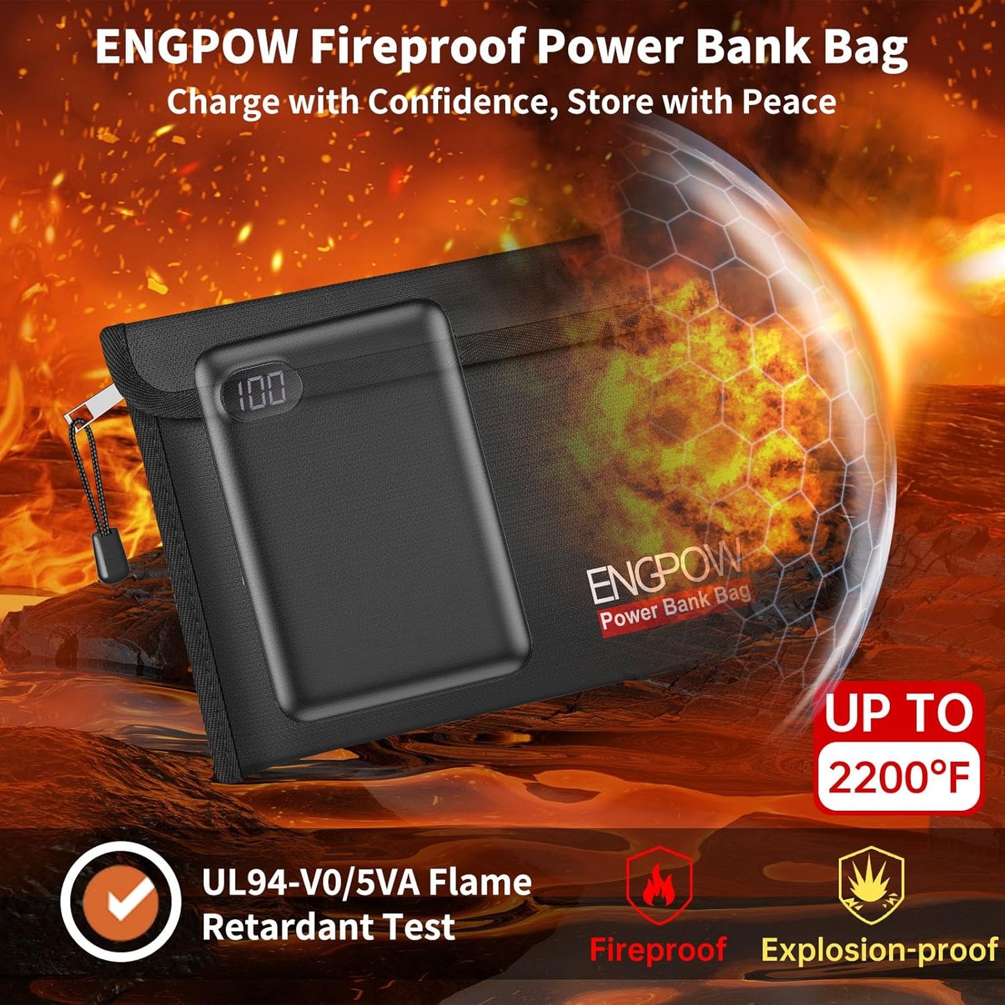 ENGPOW Fireproof Organizer Travel Bag,Heat Insulated＆Explosion-Proof Electronic Carry Case,Portable Home Travel Safe Storage for Power Bank,Phone,Cables,USB Drive＆Charging Protection, 10.6''x6.7''