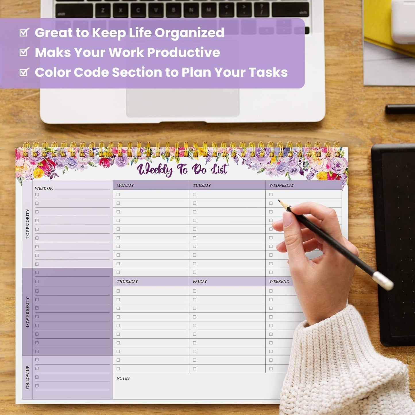 Weekly To Do List Notepad with 52 Undated Sheets（8.5"×11"）- Undated Weekly Planner Notepad for Office Desk Accessories and Supplies - Midnight Lilac