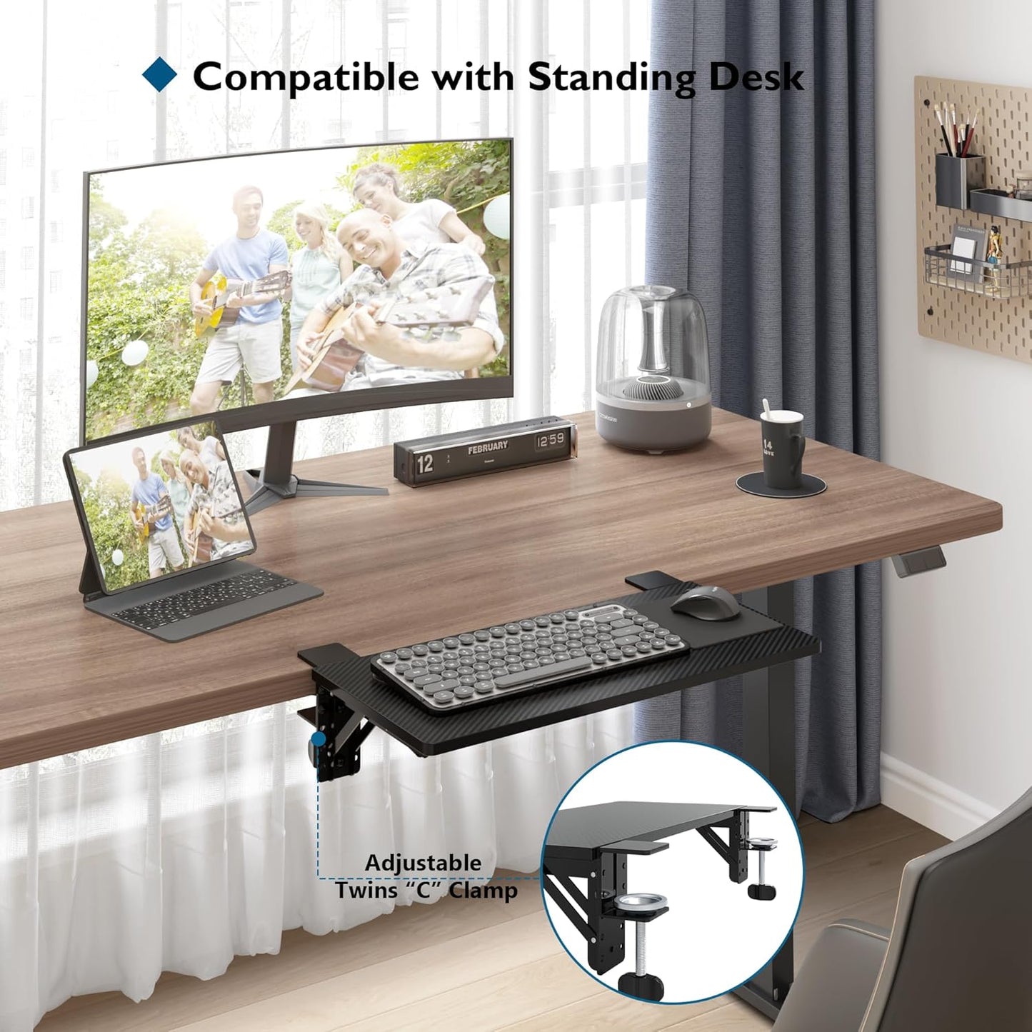 BONTEC Desk Extender Tray, 11.8"x5.9" Table Mount Arm Wrist Rest Shelf, 90°Foldable Elbow Support, Clamp on Computer Arm Rest for Desk, Office & Home Use, Durable & Easy to Install, Black Carbon Fiber