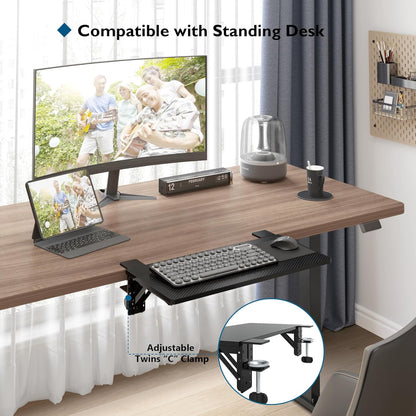 BONTEC Desk Extender Tray, 11.8"x5.9" Table Mount Arm Wrist Rest Shelf, 90°Foldable Elbow Support, Clamp on Computer Arm Rest for Desk, Office & Home Use, Durable & Easy to Install, Black Carbon Fiber