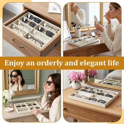 2 Pcs Sunglass Organizer Trays, Velvet Stackable Jewelry Trays Large Eyeglasses Display Jewelry Display Tray Sunglasses Storage Organizer for Men Women Glasses Watch Organizers(Beige)