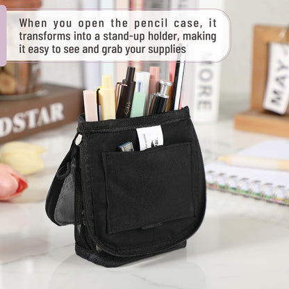 Mr. Pen- Standing Pencil Case Pouch, Sit & Lay Mesh-View Design, Black & Gray, Interior Pocket & 2 Elastic Binder Loops, Cute Pencil Case for Girls and Boys