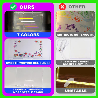 LED Drawing Board, 13.8"X10", Acrylic Note Board with Colors, Include Adapter, Acrylic Dry Erase Pad with Light 4 Modes & 7 Colors, 8 Markers, Stand, Hanging Chain, 2 Gel Clings, Holiday Gift