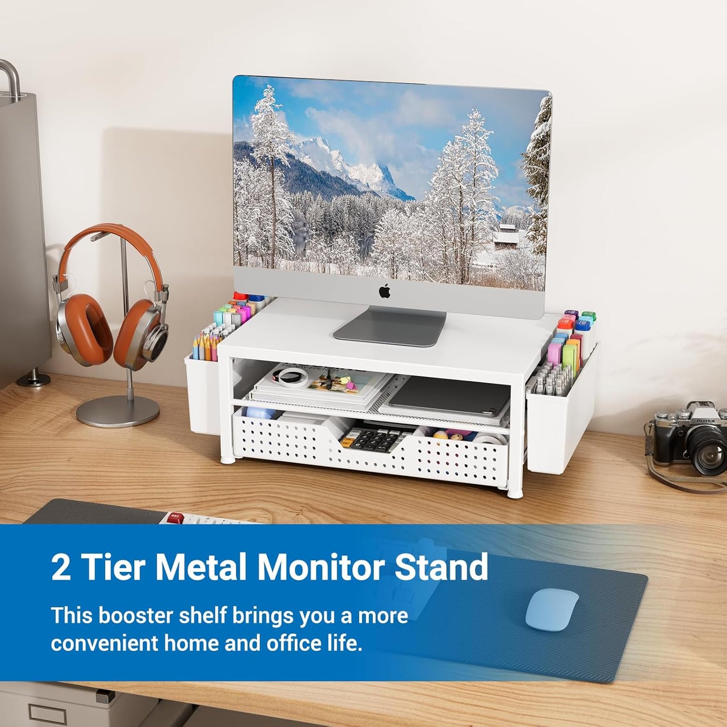 Wood Metal Monitor Stand Riser, Laptop Stand for Desk, Office Desk Organizer and Accessories, Computer Desktop Shelf with Drawer and Pen Holder, Printer Stand for Home, Office, Dorm (Natural Wood)