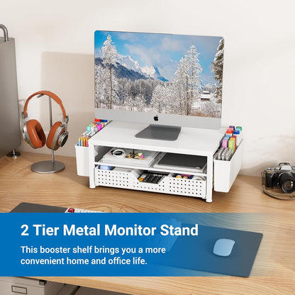 Wood Metal Monitor Stand Riser, Laptop Stand for Desk, Office Desk Organizer and Accessories, Computer Desktop Shelf with Drawer and Pen Holder, Printer Stand for Home, Office, Dorm (Natural Wood)