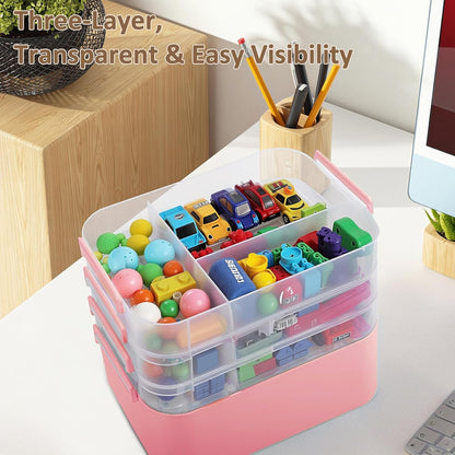3-Layer Plastic Craft Organizers and Storage Box with Removable Trays, Storage Containers with lids and Handle, Art Supply Storage Organizer for Bead, Ornament, Nail Polish, Tape（10.62"x9"x7.67"）