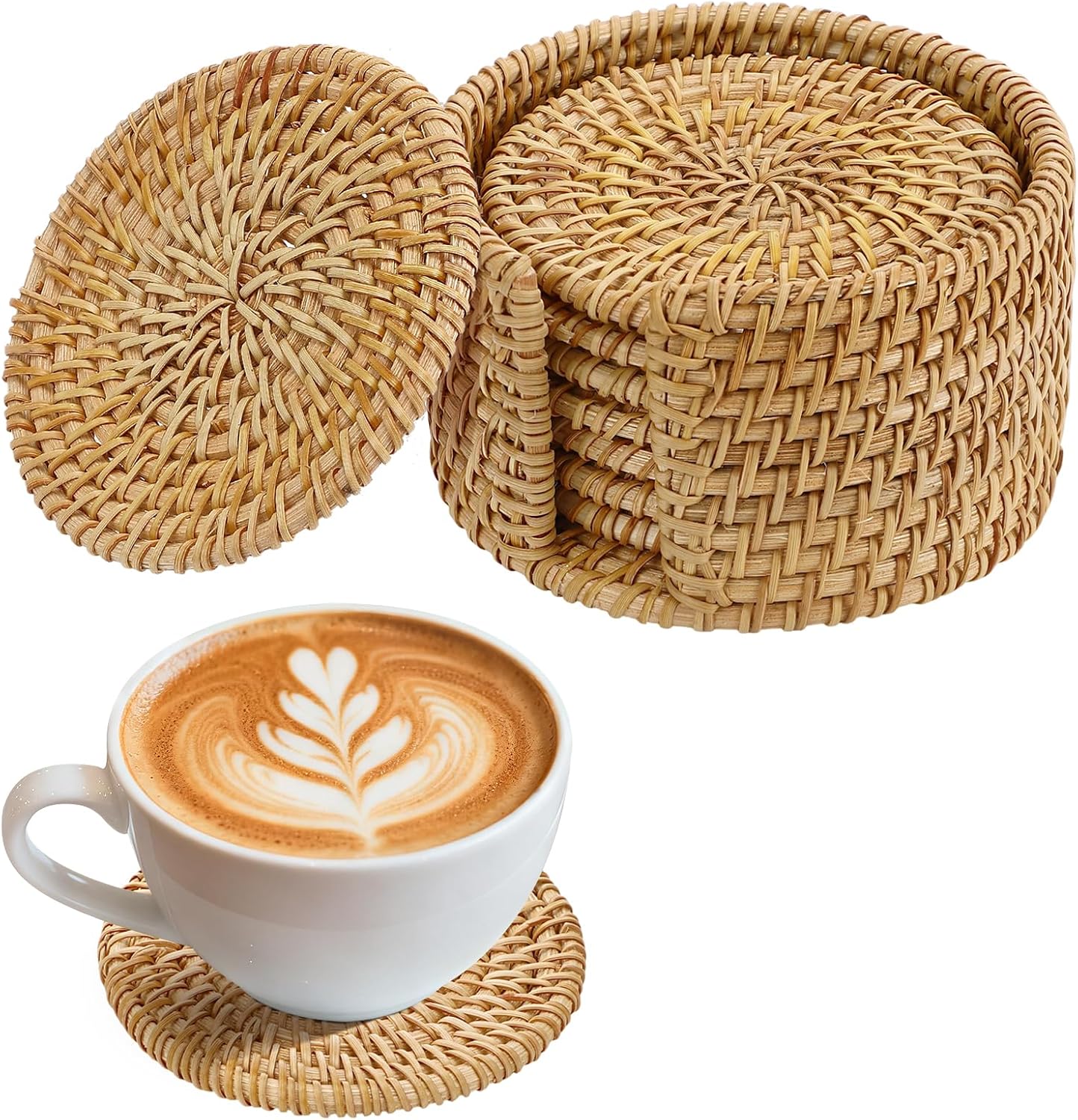 6pcs Natural Handmade Rattan Coasters with Holder - Wicker Drink Coasters Set, Housewarming Gifts Boho Summer Home Coastal Decor