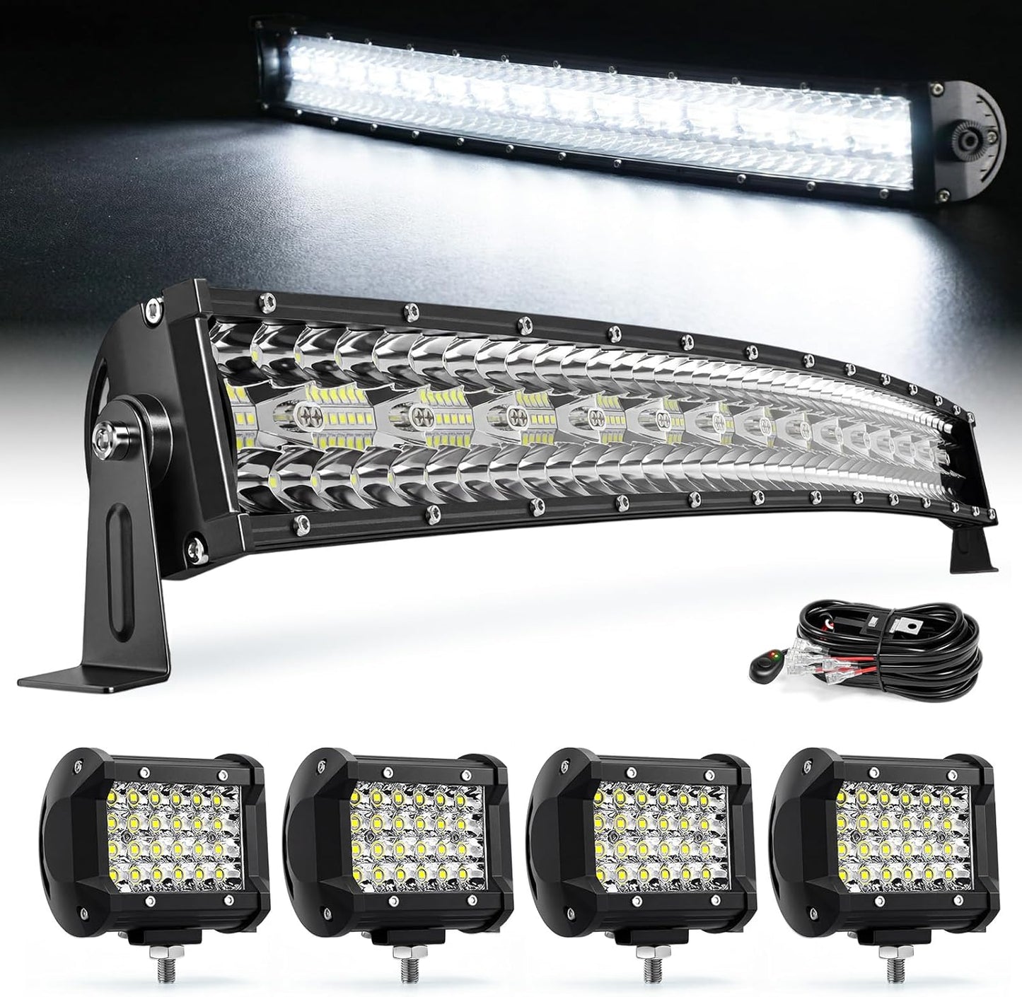 LED Light Bar Kit, 32Inch 585W Ultra Slim Double Row Light Bars, 4PCS 72W Led Cube Pods with Wiring Harness, Off Road Driving Fog Work Lights for Trucks SUV ATV UTV Tractor Pickup Boat