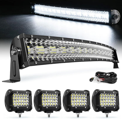 LED Light Bar Kit, 32Inch 585W Ultra Slim Double Row Light Bars, 4PCS 72W Led Cube Pods with Wiring Harness, Off Road Driving Fog Work Lights for Trucks SUV ATV UTV Tractor Pickup Boat