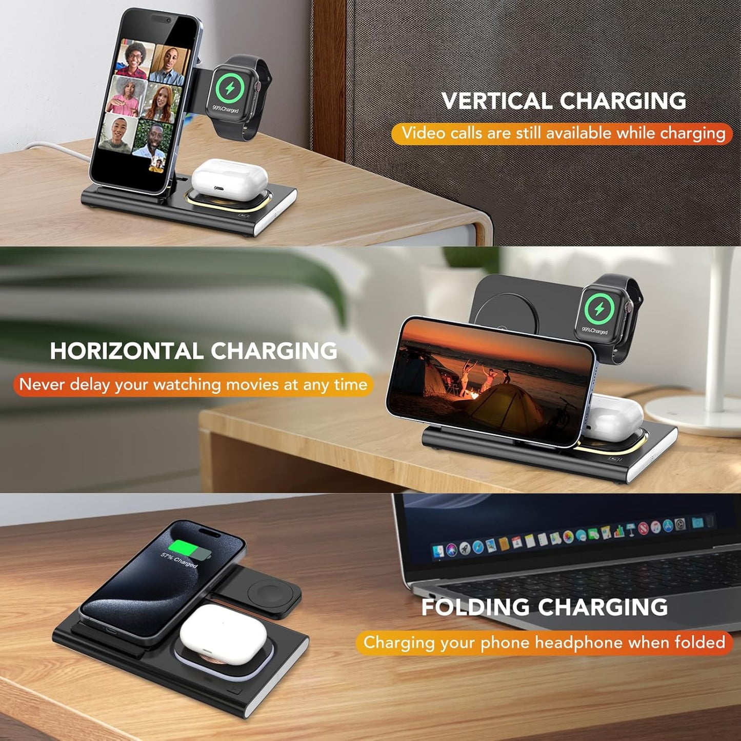 3 in 1 Foldable Charging Station for Apple Products,Wireless Charger for iPhone 17 16 15 14 13 12 Pro Max,Travel Dock Adapter&Light for iWatch Series 11 10 9 Ultra 3/2 SE 3/2,for AirPods 4 3 2 Pro 3/2