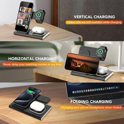 3 in 1 Foldable Charging Station for Apple Products,Wireless Charger for iPhone 17 16 15 14 13 12 Pro Max,Travel Dock Adapter&Light for iWatch Series 11 10 9 Ultra 3/2 SE 3/2,for AirPods 4 3 2 Pro 3/2
