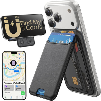 for MagSafe Wallet, Works with Apple Find My,5 Card Holder with Stand, Magnetic Phone Wallet Stand for iPhone 17/16/15/14/13/12 Pro Max Air Plus, RFID Blocking Vegan Leather,Black