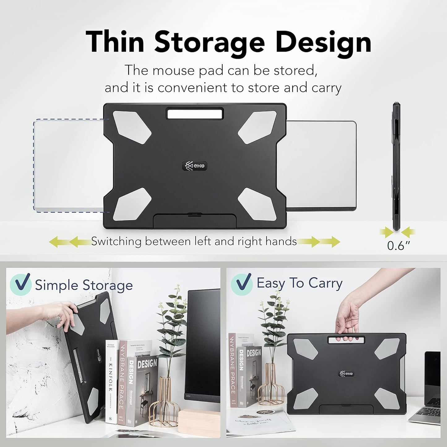 EHO Laptop Lap Desk with Retractable Mouse Pad, Portable Ergonomic Lap Pad with Heat Shield and Foldable Stopper, Lightweight Travel Lapdesk Fits up to 16" Laptops, Bed Sofa or Work Use