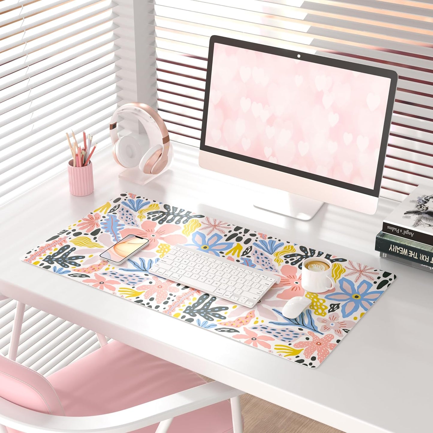 QIYI Large Mouse Pad, Cute Pink Desk Mat for Desktop, Women Girls PU Leather Desk Pad Waterproof Gaming Mousepad, Rose Gold Marble Computer Protector Writing Pad for School Office Home 31.5" x 15.7"
