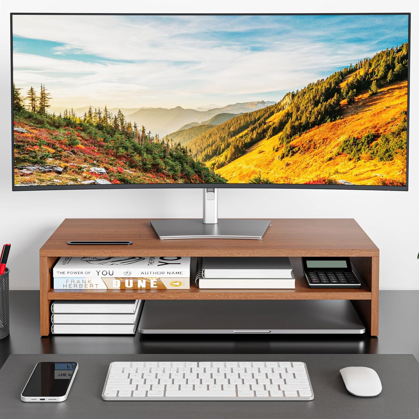 BONTEC Wooden Monitor Stand Riser for Desk, 2-Tier Computer Monitor Stand with Storage, 66 lbs Desk Shelf Organizer, Laptop & Printer Stand with Phone Holder and Cable Management, White, 16.5 Inch