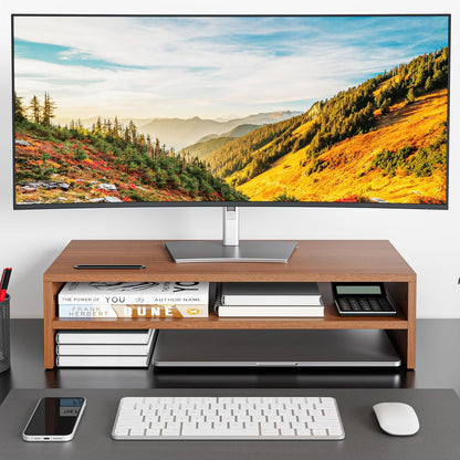 BONTEC Wooden Monitor Stand Riser for Desk, 2-Tier Computer Monitor Stand with Storage, 66 lbs Desk Shelf Organizer, Laptop & Printer Stand with Phone Holder and Cable Management, White, 16.5 Inch