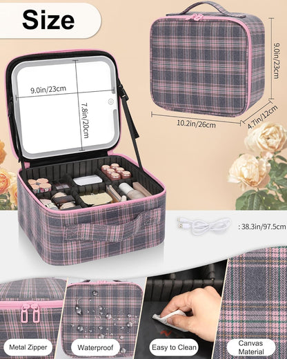 Relavel Travel Makeup Bag With LED Mirror, Cosmetic Train Case with Light up Mirror, Portable Makeup Artist Organizer Bag with Adjustable Dividers, Makeup Brush Holder Storage, Black