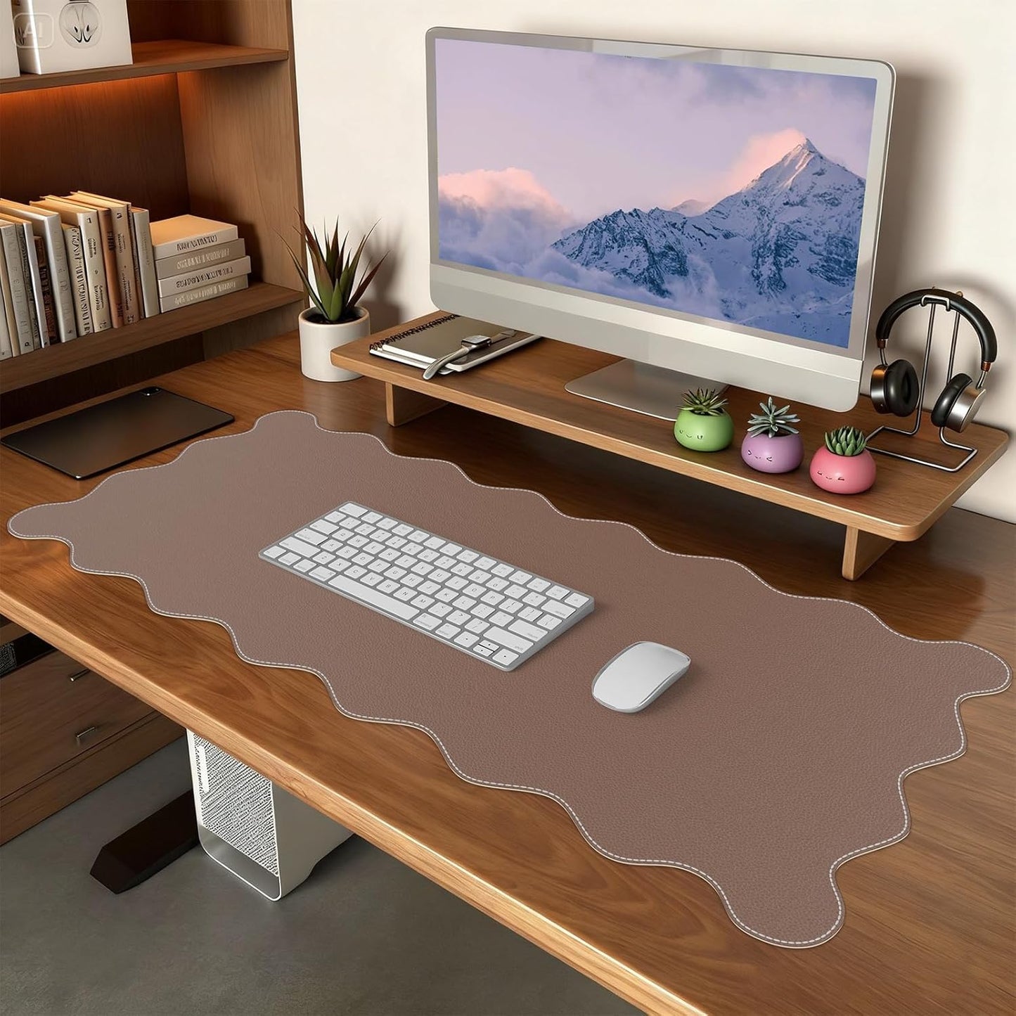 iCasso Pink Leather Desk Mat,Extra Large Scalloped Mouse Pad for Desktop,Waterproof PU Nail Table Mat,Cute Keyboard Mats for Women Girl,Non-Slip Desk Cover Mat for Office Home Dorm