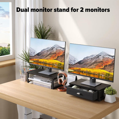WOHOMO Dual Monitor Stand Riser with Drawers, Desk Organizers for 2 Monitors, Desktop Storage Stand for Computer,Laptop,Walnut