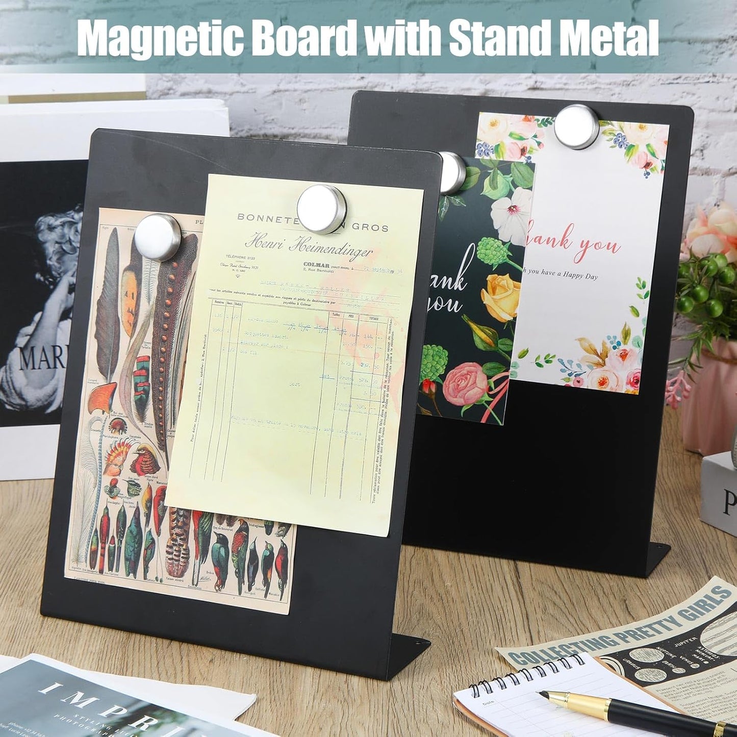 Fainne 1 Pc Magnetic Bulletin Board with Easel Stand Mini Magnet Metal Tabletop Memo Display Board for Back to School Menu Table Office Supplies (Black,11 x 8.5 Inches)