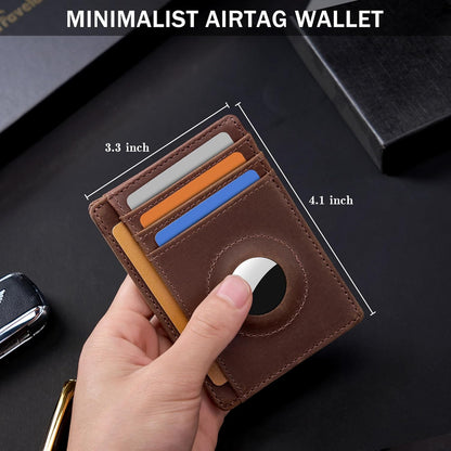 Wallet with Airtag Holder Genuine Leather Wallets Slim Minimalist Card Holder RFID Blocking Card Wallet Compatible with AirTag