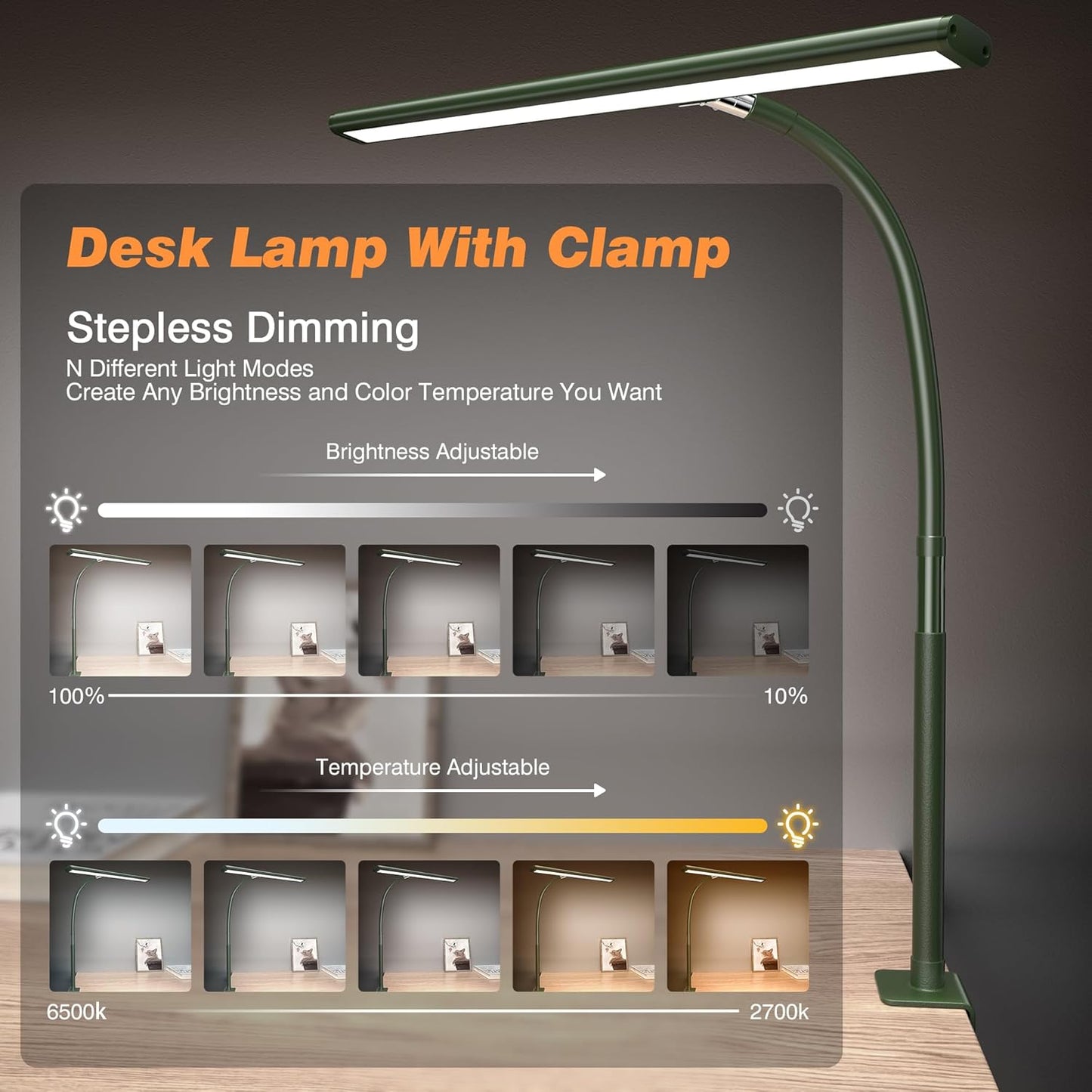 Airlonv LED Desk Lamp for Office Home, Eye-Caring Desk Light with Stepless Dimming Adjustable Flexible Gooseneck, 10W USB Adapter Desk Lamp with Clamp for Reading, Study, Workbench (Black)