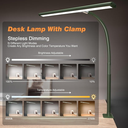 Airlonv LED Desk Lamp for Office Home, Eye-Caring Desk Light with Stepless Dimming Adjustable Flexible Gooseneck, 10W USB Adapter Desk Lamp with Clamp for Reading, Study, Workbench (Black)