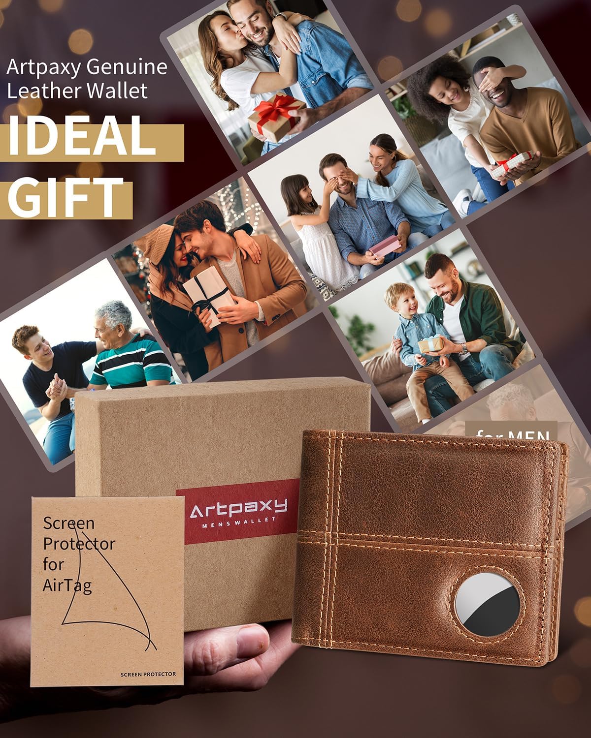 Mens Wallet With AirTag Holder, Bifold Leather RFID Blocking 1-2 ID Windows 12-13 Card Holders, Gift Box and Screen Protector Included, AirTag Not Included