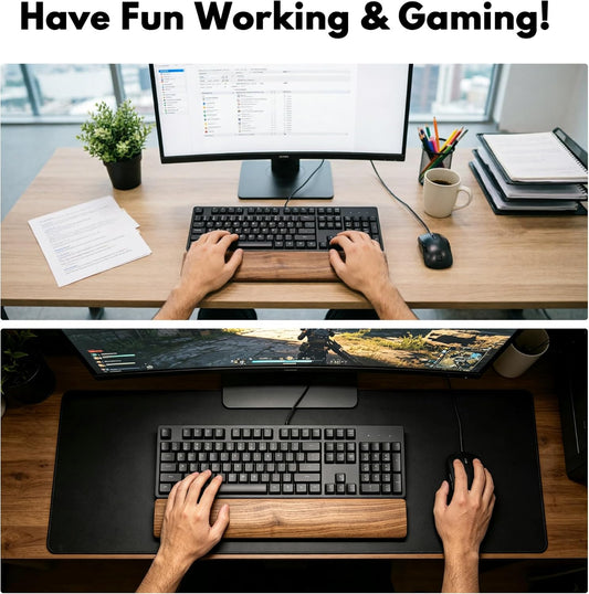 Walnut Wooden Wrist Rest Pad for 75% 80% TKL Keyboard, Ergonomic Solid Wood Hand Rest with Non-Slip Base, Stain Resistant Palm Support for Typing & Gaming (14.2“ L)