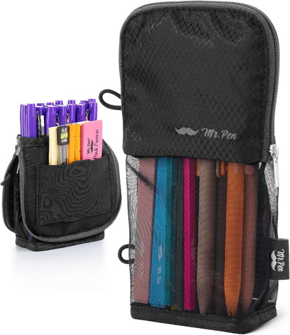Mr. Pen- Standing Pencil Case Pouch, Sit & Lay Mesh-View Design, Black & Gray, Interior Pocket & 2 Elastic Binder Loops, Cute Pencil Case for Girls and Boys