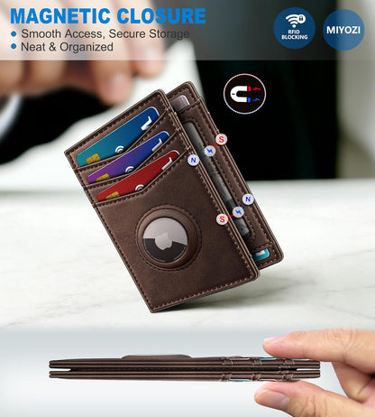 miyozi Airtag Slim Leather Wallet for Men - 12-Card Capacity, Magnetic Closure, Money Clip & Simplified Bill Compartment, RFID Blocking (4.3" x 3.0") | Gift Boxed