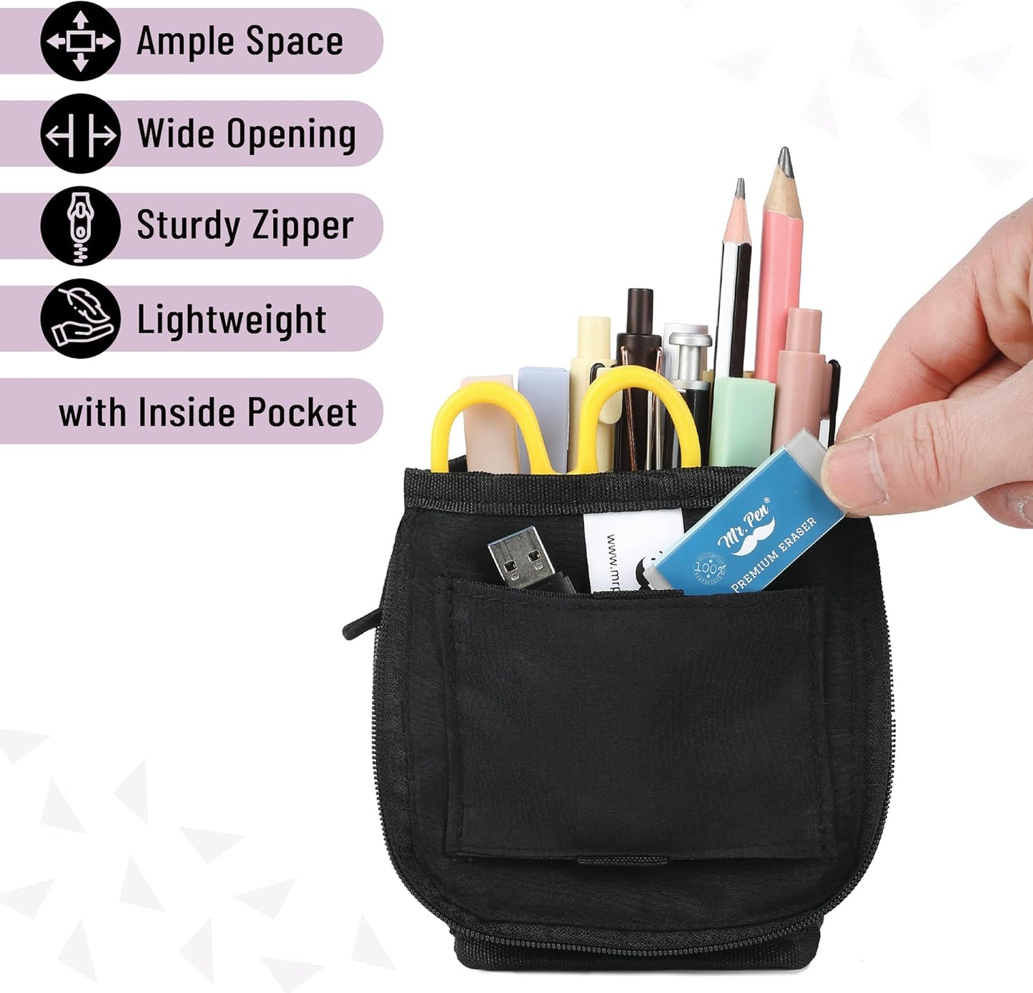 Mr. Pen- Standing Pencil Case Pouch, Sit & Lay Mesh-View Design, Black & Gray, Interior Pocket & 2 Elastic Binder Loops, Cute Pencil Case for Girls and Boys