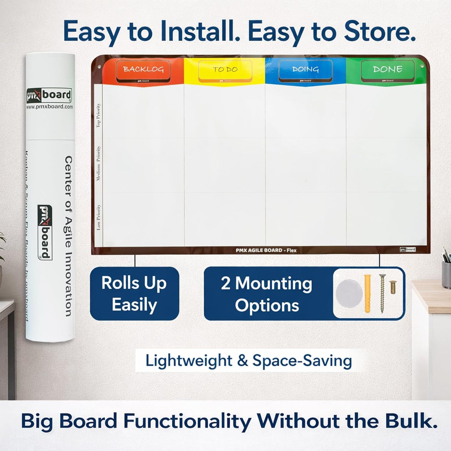 4 Column Magnetic Kanban Board, Scrum Board Flex Whiteboard Kit. Agile Kit, 64 Magnetic Kanban Cards Kit, Scrum Cards Set. Project Management Board for Project Planning, Kanban Whiteboard Kit