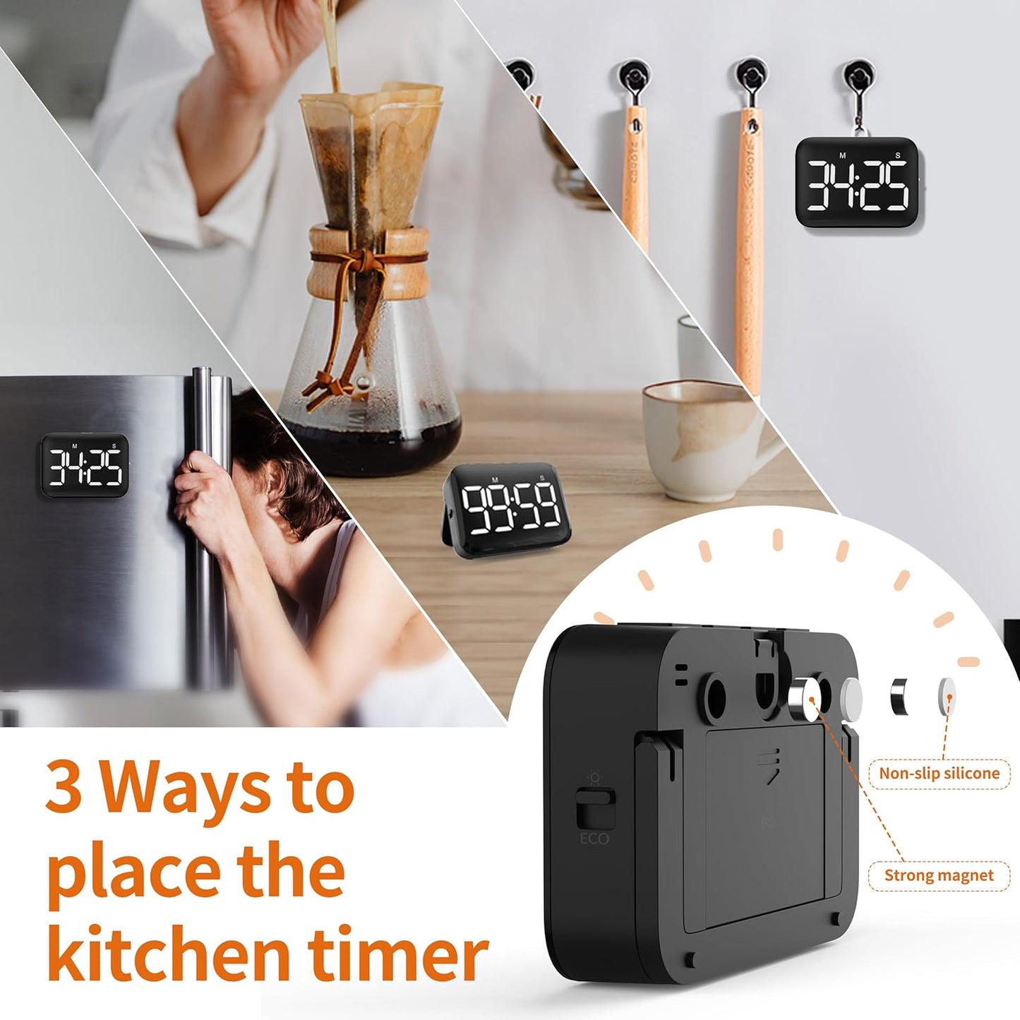 VOCOO Magnetic Kitchen Timer for Cooking with Count Up Countdown, Digital Timer Battery Powered with Large Display, 2 Brightness and Volume Levels for Classroom, Teacher, Kids
