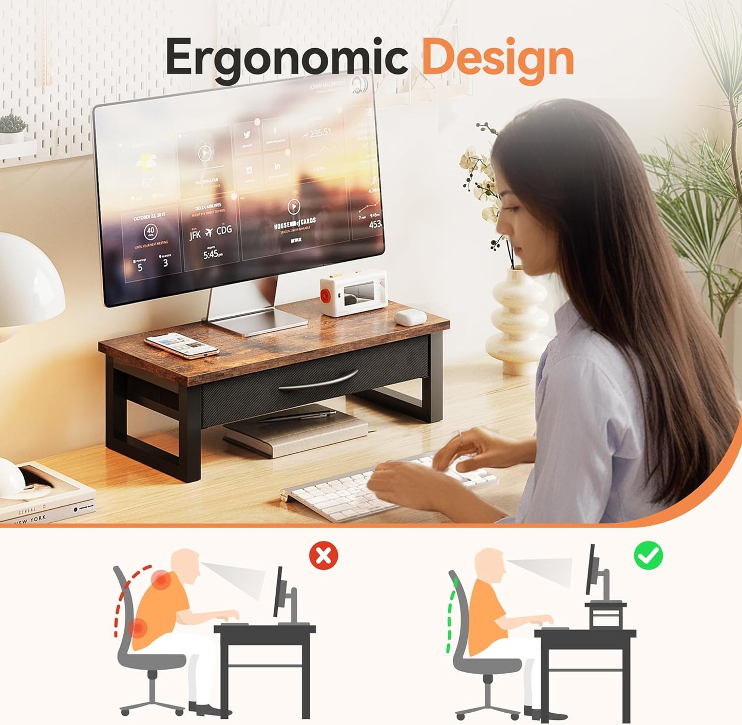 Computer Monitor Stand Riser, Desk Organizers and Accessories with Drawer, 2-Tier Laptop Stand for Desk, Office Organizer Storage, Wood