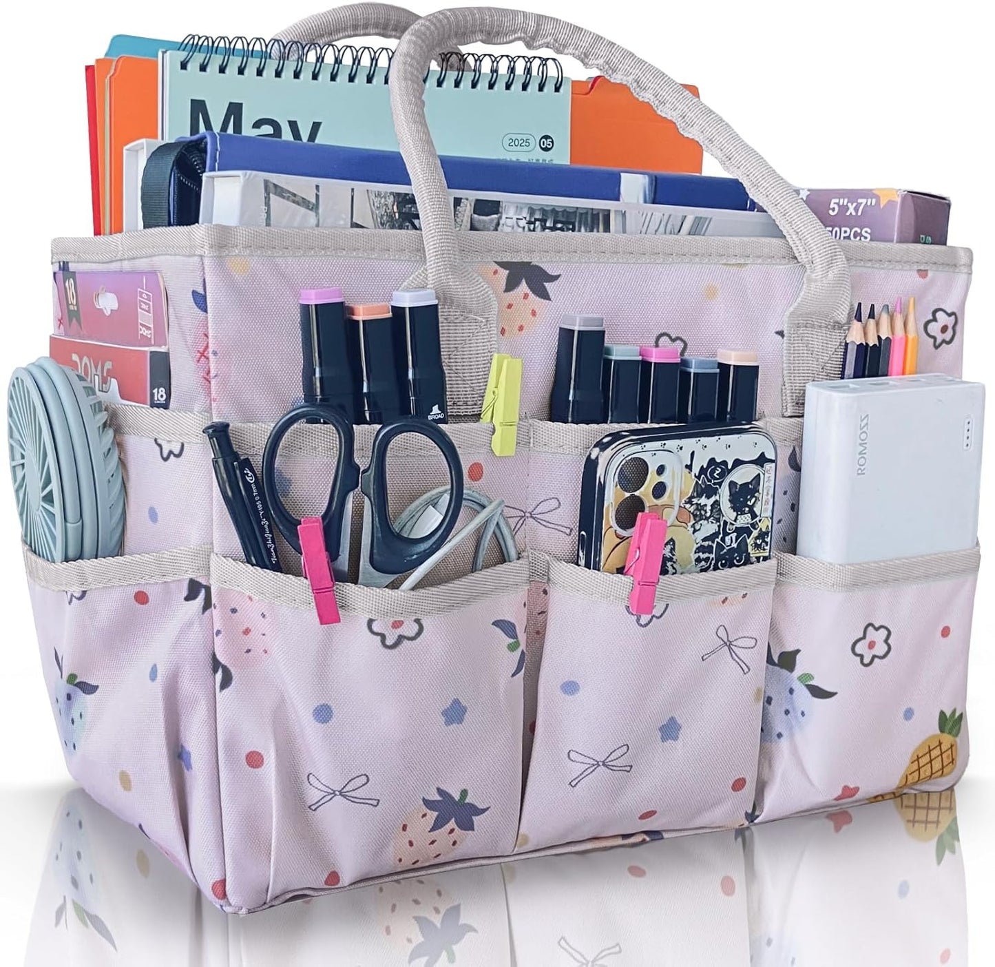 Cupohus Art Organizer Craft Storage Tote Bag with Pockets and Handles, Oxford Fabric Carrying Caddy for Teacher, Officer, Artist, Traveler –Purple