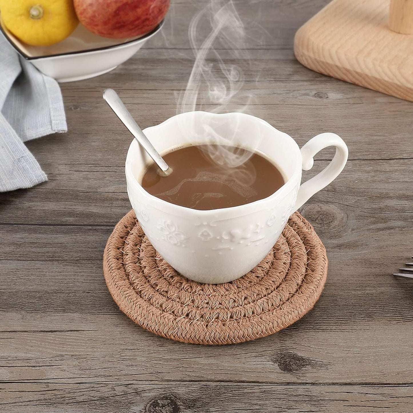 ABenkle 8 Pcs Drink Coasters with Holder, Cotton Woven Absorbent Coasters for Drinks, Minimalist Home Decor Coaster Set for Wooden Tabletop Protection Table, 4.3 inches Mixed Brown