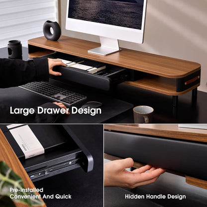 Fenge Monitor Stand with Large Drawer, 42.5 Inch Dual Monitor Riser for 2 Monitors, Ergonomic Computer Desk Shelf with Soft Touch Leather & Storage Organizer for Laptop, Computer, TV, PC, Printers