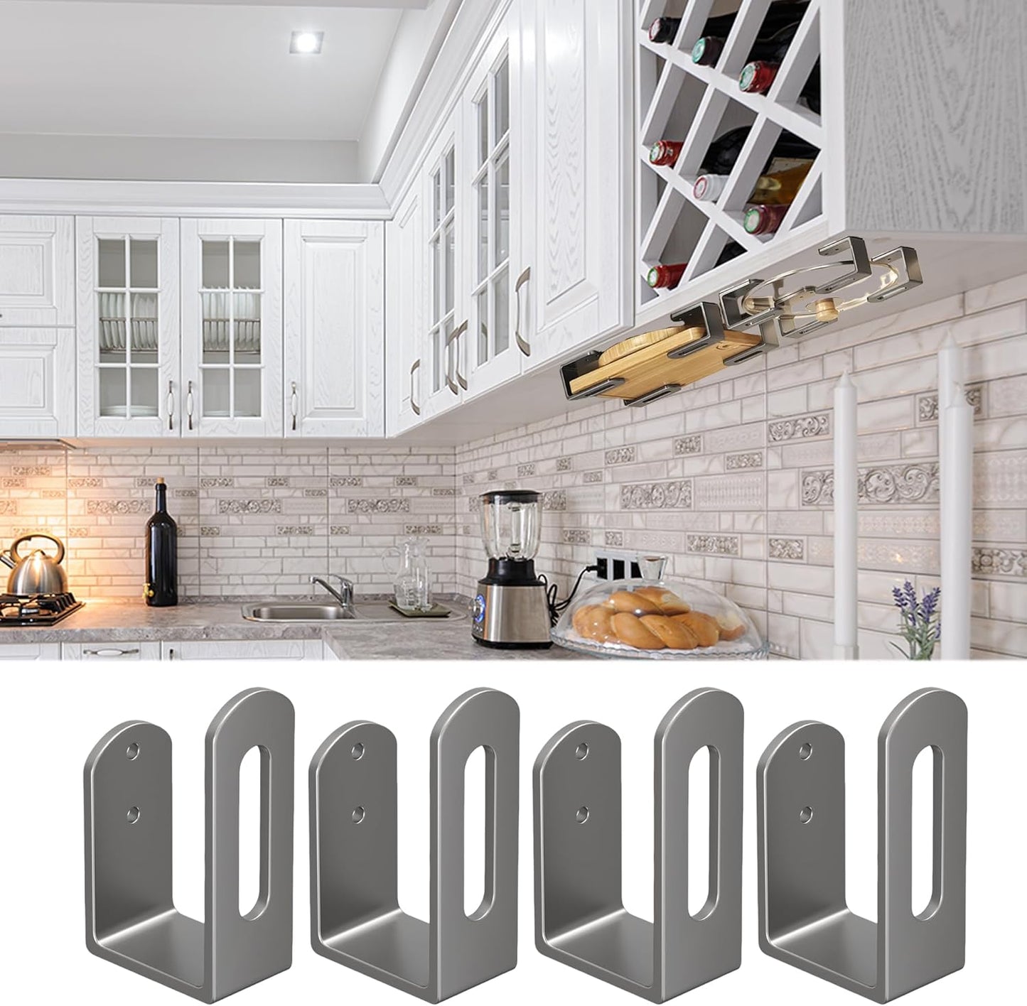 Aogigigio Cutting Board Holder - 4 Pcs Under Cabinet Cutting Board Holder Pot Lids Rack Storage Stainless Steel Under Shelf Counter Chopping Board(Grey)