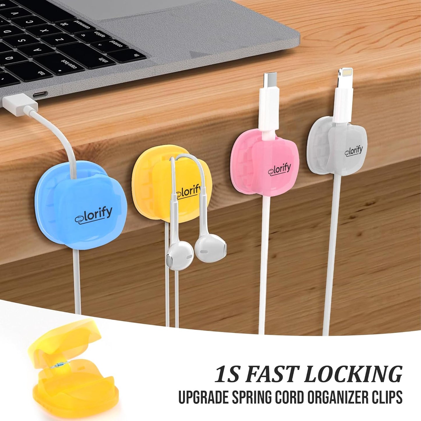 8 Pack Spring Cord Holder Clips [360° Rotatable, 1-Hand Use] — Adhesive Cable Clips for Nightstand, Desk, Wall & Kitchen | Phone Charger Cord Holder | No-Residue | Fits 2.5–8mm Cables