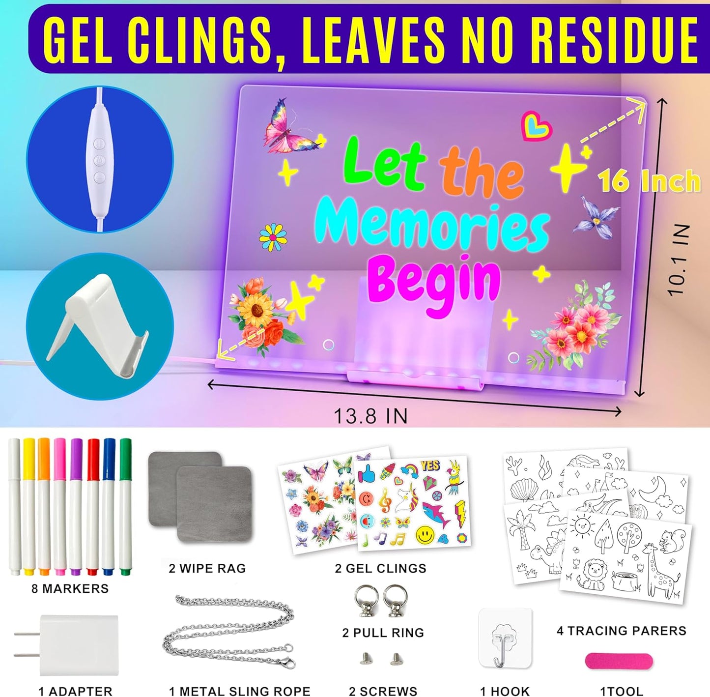 LED Drawing Board, 13.8"X10", Acrylic Note Board with Colors, Include Adapter, Acrylic Dry Erase Pad with Light 4 Modes & 7 Colors, 8 Markers, Stand, Hanging Chain, 2 Gel Clings, Holiday Gift