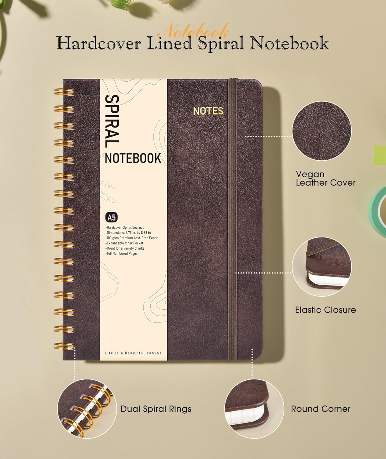 Graph Spiral Journal Notebook, A5 Hardcover Spiral Journals for Women Men, 100 GSM Graph Paper Notebooks, 150 Pages Spiral Bound Grid Notebook for Writing Note Taking Work 5.75" x 8.38" Olive Green