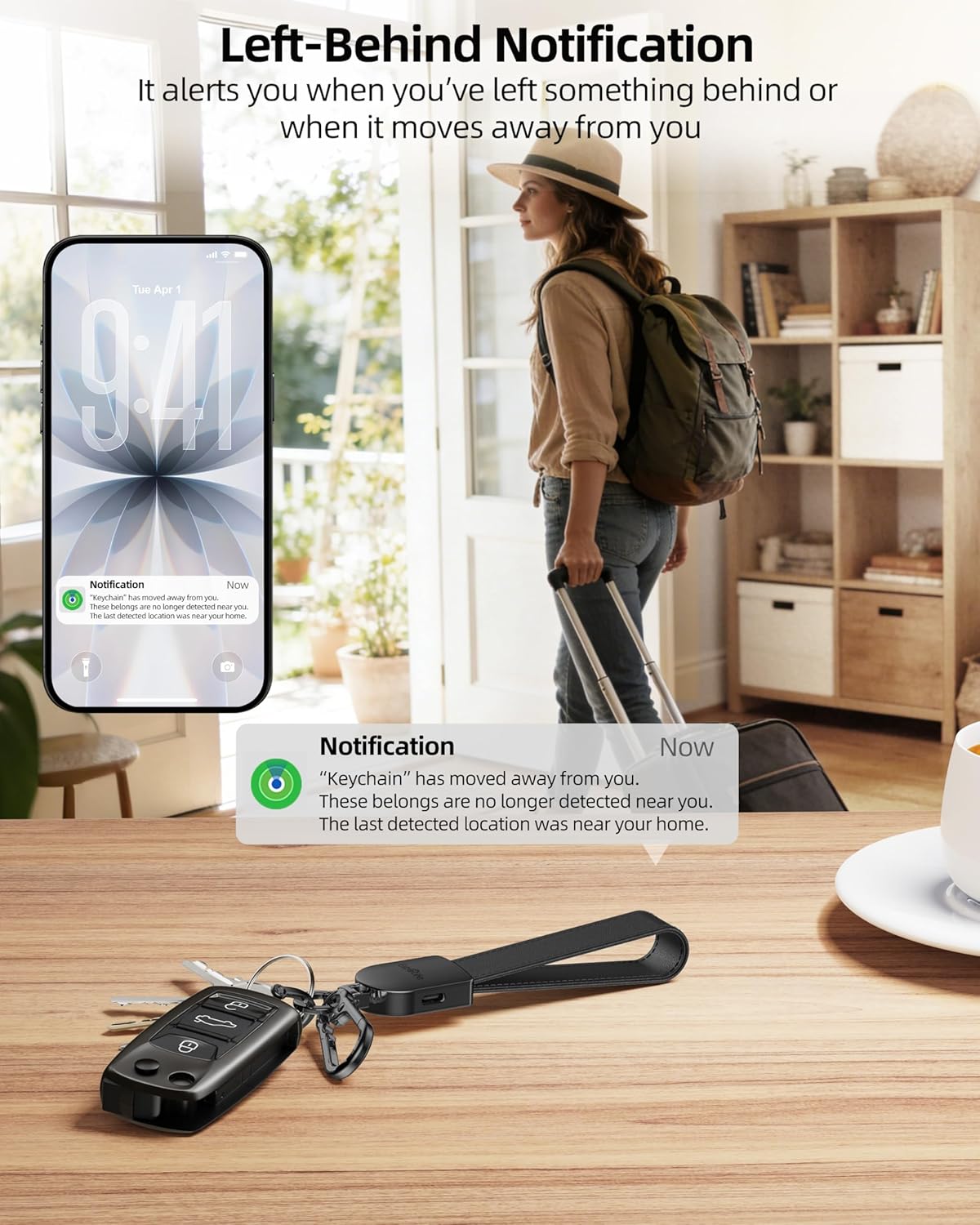 Keychain, Works with Apple Find My, Leather Car Keychain for Women and Men, Car Key Fob Holder, Key Chain with GPS Tracker, Anti-Lost Smart Keys Finder, Rechargeable, Black