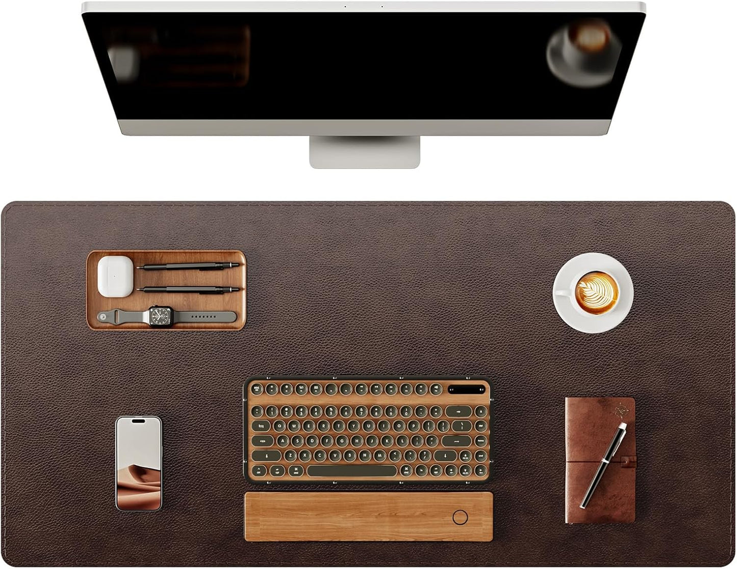 YSAGi Genuine Leather Desk Mat, 35.4"X17" Leather Desk Mat, Office Desk Pad, Thick Desk Pad with Stitched Line, Non-Slip Laptop Writing Pad with Rubber Base(Black, 35.4"X17")