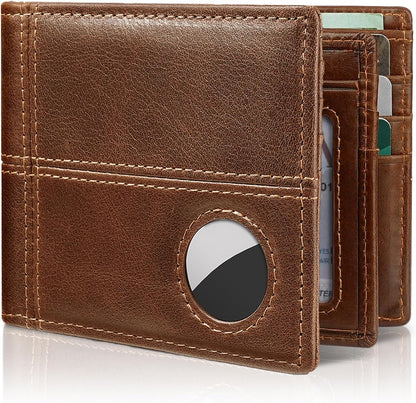 Mens Wallet With AirTag Holder, Bifold Leather RFID Blocking 1-2 ID Windows 12-13 Card Holders, Gift Box and Screen Protector Included, AirTag Not Included