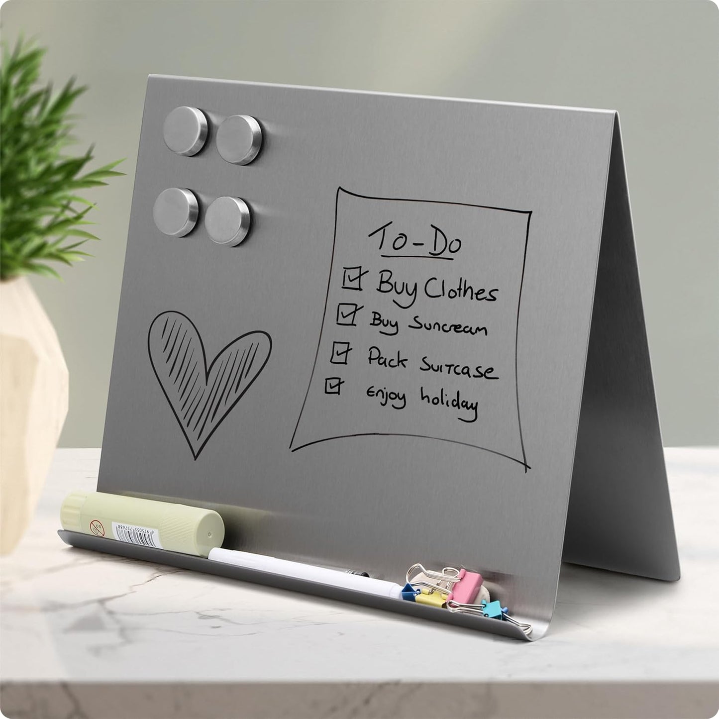Large Magnetic Bulletin Board – Dry Erase Memo Board with Stand – Tabletop Metal Easel for Magnet Display – 12x10 Inches + 4 Magnets
