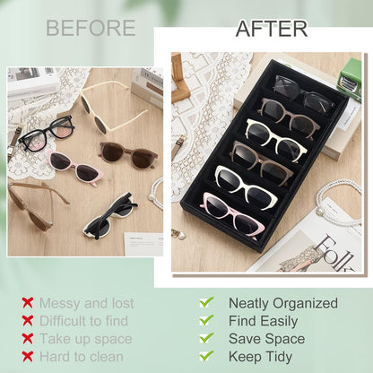Juexica 2 Pcs Velvet Sunglasses Organizer Tray 6 Grid Sunglass Organizer Velvet Tray Stackable Glasses Display Case for Women Glasses Jewelry Display Watch (Beige)